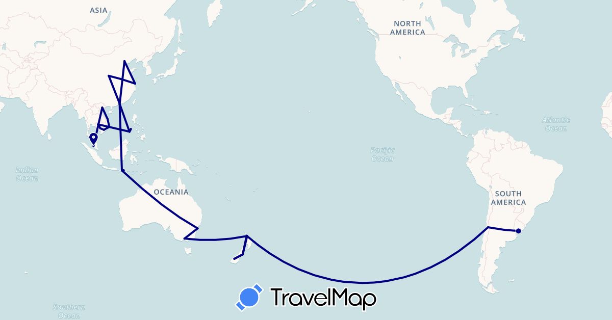 TravelMap itinerary: driving in Australia, Chile, China, Hong Kong, Indonesia, Cambodia, Malaysia, New Zealand, Philippines, Uruguay, Vietnam (Asia, Oceania, South America)